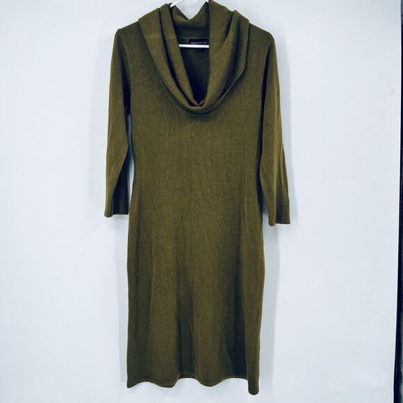 Connected Apparel M Olive Green Cowl Neck LS Sweater Midi Dress Boho Demure - Picture 1 of 9